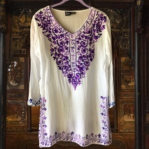 Boho Tunic / Swim Cover-up. Flowy Cotton with Embroidered White/ Purple. M/L